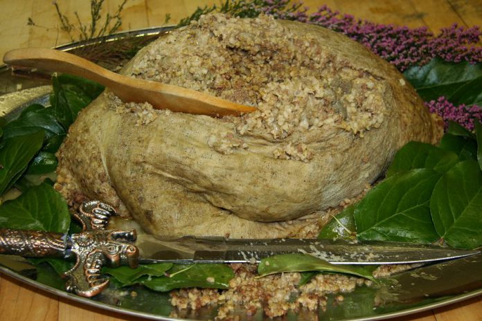 Scotland's national dish of haggis is traditionally served during a Burns Supper. Not for the squeamish, authentic haggis is a savoury pudding containing sheep's pluck (heart, liver and lungs) that's minced with onion, oatmeal, suet, spices, and salt, mixed with stock, and traditionally encased in the animal's stomach and simmered for approximately three hours. (Photo: Wikipedia)