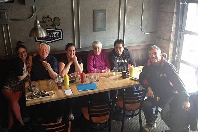 Showplace staff fueling up at the Brickhouse Grill & Bar on Water Street: Kait Dueck, Ray Marshall, Emily Martin, Peggy Milton, Rael Corkery, and John Milton (photo: a lovely Brickhouse server)