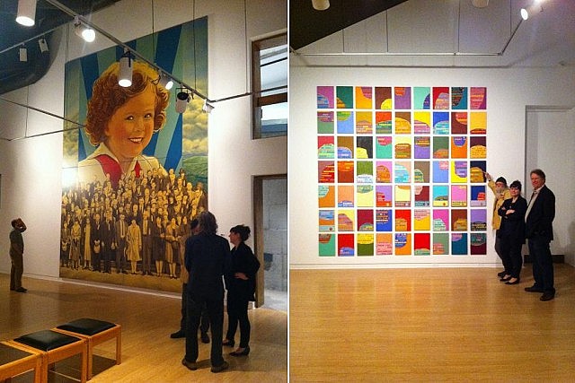 David Bierk's 1971 piece "In Search of the American Dream" and Dennis Tourbin's 63-part painting "The Painting is the Poem" on display at the Art Gallery of Peterborough (photos: Elizabeth Fennell)