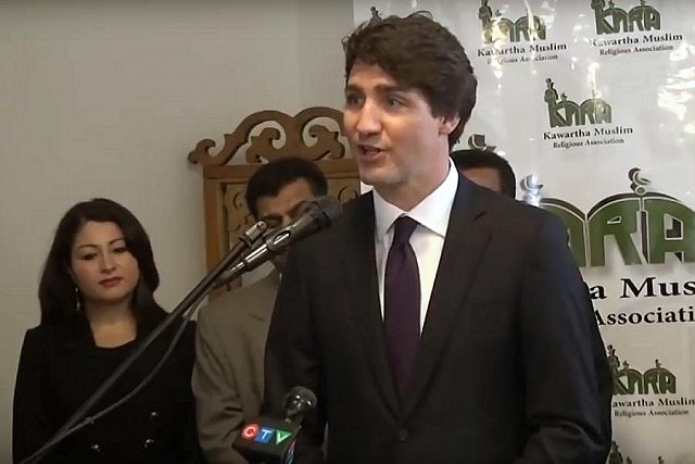 Prime Minister Justin Trudeau addressing the open house at Masjid Al-Salaam mosque, with Peterborough-Kawartha MP and Minister of Democratic Institutions Maryam Monsef in the background