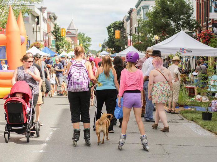 For the inaugural Peterborough Pulse in 2015, George Street in downtown Peterborough was car-free for a day, allowing people to stroll, cycle, skate and more while visiting various displays, demonstrations, and activities (photo: Linda McIlwain / kawarthaNOW)