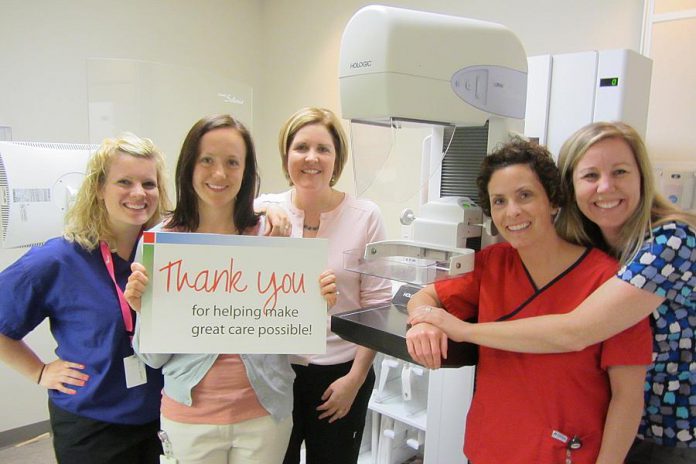 Thanking donors for their support, PRHC Foundation President & CEO Lesley Heighway (middle) with staff of PRHC's Breast Assessment Centre: Senior Ultrasound Technologist Katelyn Martino, Breast Health Navigator Lindsey Justynski, Senior Mammography Technologist Jill Cummings, and Clerk Angela Henderson (photo courtesy of PRHC Foundation)