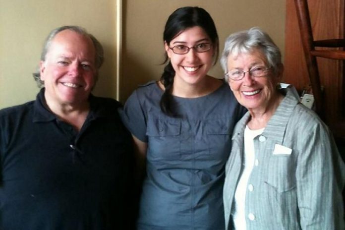 Erica (right) with Dr. Tom Phillips and Shannon Mak of Le Petit Bar promoting a 2013 fundraiser for Peterborough Health Services Foundation (photo: Carol Lawless)