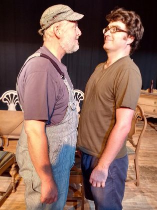 Local boy Gary (James Barrett) has lost the family farm to American city slicker Jerry (Connor Thompson) who has no idea what he's doing (photo: Sam Tweedle / kawarthaNOW.com) 