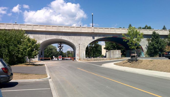 Stanton is painting her bloodroot mural in the archway connecting James Stevenson Park with Quaker Park. The existing mural “Electric City” by Kirsten McCrea is in the archway to the right. (Photo: Bruce Head / kawarthaNOW)