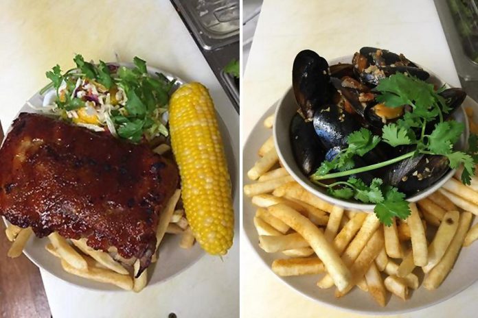 Roast garlic barbecue baby back ribs (with local corn on the cob and mango slaw) and mussels and frites, from Marley's Bar and Grill (Photo: Marley's Bar and Grill)