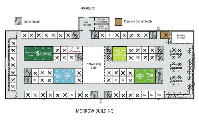 The floor plan for the LoveLocalPtbo Business Expo showing the location of the Innovation Zone, the Holistic Zone, the Networking Cafe, the Start and Grow Zone, and the Green Business Zone