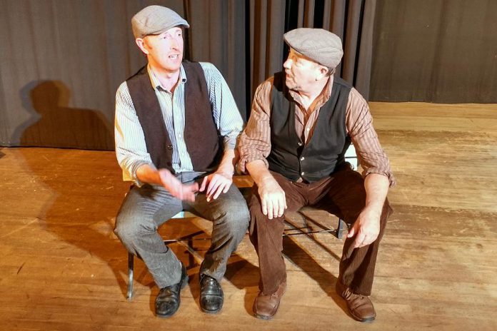 Stephen Farrell and Mark Whelan perform 15 unique characters, including both men and women, during the play (photo: Sam Tweedle / kawarthaNOW)