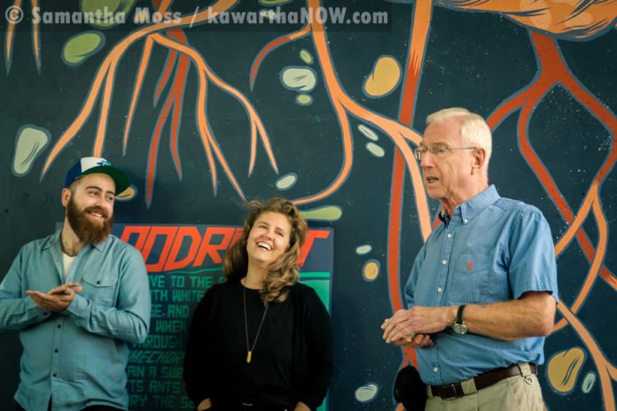 Bruce Stonehouse (right), chair of the City of Peterborough's Public Art Advisory Committee, with Artspace director Jonathan Lockyer and artist Jill Stanton  (photo: Samantha Moss / kawarthaNOW.com)