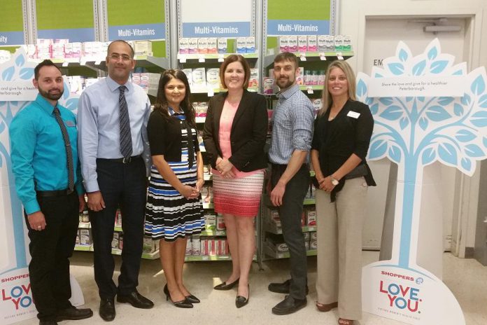 Matt Singh, Shoppers Drug Mart pharmacist and owner Mohsen Tawfik, Shoppers Drug Mart pharmacist and owner Zebrina Kassam, PRHC Foundation President and CEO Lesley Heighway, Chris Folkins, and Tanya Coombes (photo courtesy of PRHC Foundation)