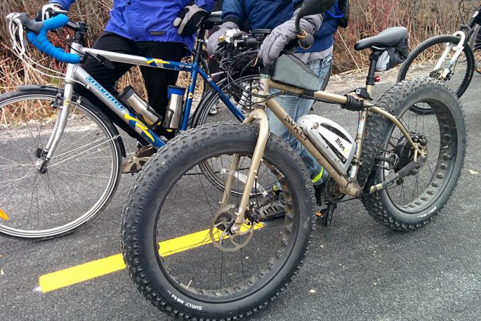 A Surly "fatbike" spotted on the Trans Canada Trail in November 2015. A fatbike is a mountain bicycle with extremely large volume tires for deep snow and sand riding; in this case, the owner has equipped the bike with a Bion pedal assist.  (Photo: Bruce Head / kawarthaNOW)