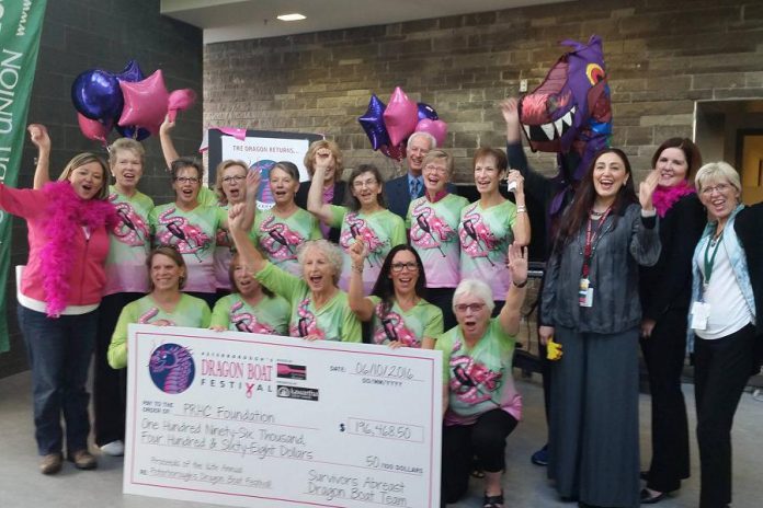 Members and volunteers of Survivors Abreast and Peterborough's Dragon Boat Festival celebrate the funds raised at the 2016 festival with staff from the PRHC Foundation and PRHC, including  Dr. Rola Shaheen (third from right), who is Chief of Radiology and Medical Director of Diagnostic Imaging (photo: PRHC Foundation)