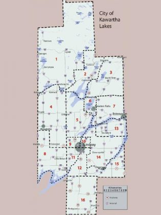 The existing 16 wards and their boundaries in the City of Kawartha Lakes (graphic: City of Kawartha Lakes)