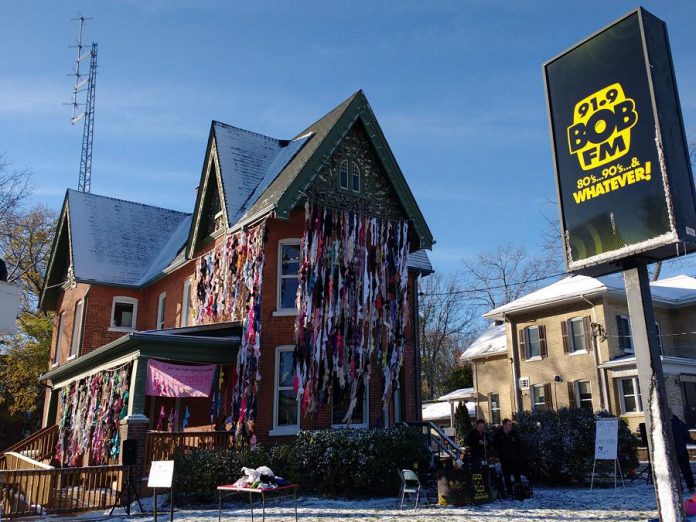 The 91.9 BOB FM building in Lindsay was also decorated with donated bras (photo: Bras Around the Building)