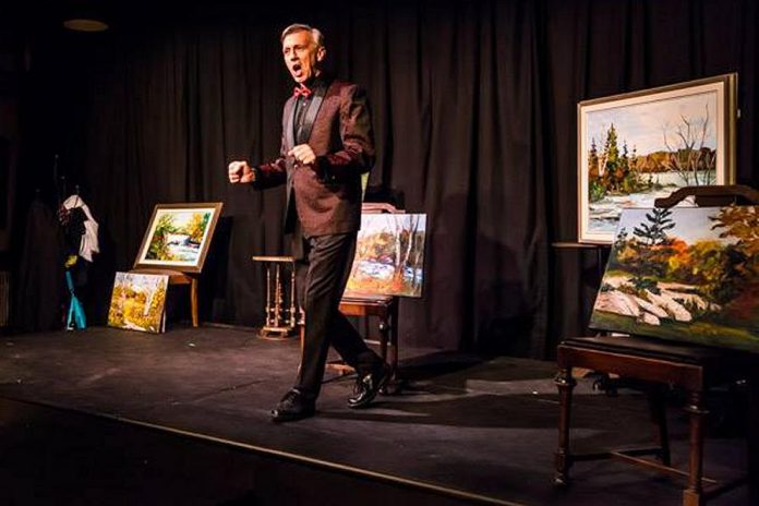 Mark Gray as Myles' personal narrator Bob. The paintings, loaned to the production by local artist Jane Hall, are available for sale after the production run. (Photo: Peterborough Theatre Guild / Facebook)