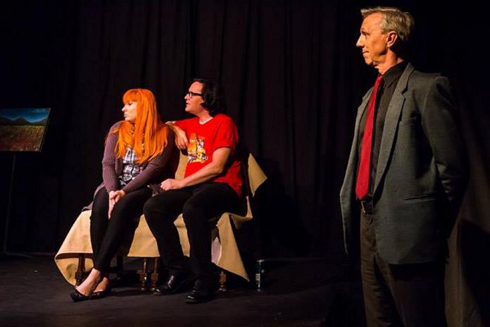 The two characters' personal narrators stand just to the side of the stage, addressing the audience about what their characters are (and, more often than not, should be) thinking (photo: Peterborough Theatre Guild / Facebook)