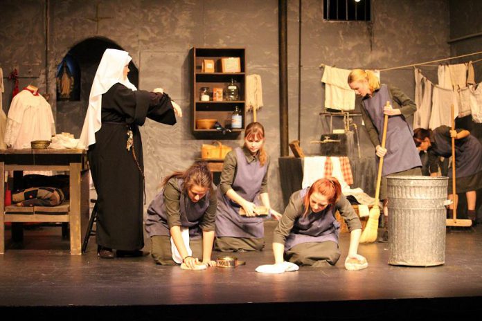 The story takes place in the fictional Irish town of Killmacha, where a young novitiate Sister Virginia (Rachael Nicholls) is put in charge of five women chained to the laundry system, played by Bethany Heemskerk, Sharon Gildea, Zoe Baker, Stephanie Kraus, and Lauren Murphy  (photo: Kayleigh Hindman, Peterborough Theatre Guild)