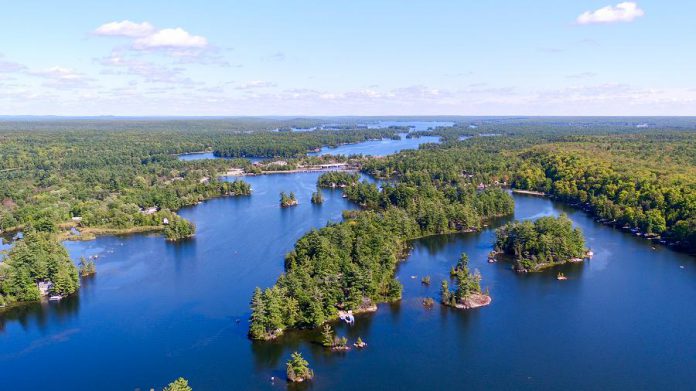 An drone aerial view of Lovesick Lake, located between Buckhorn Lake and Stoney Lake. It's bordered by Burleigh Falls tn the east and Wolf Island Provincial Park to the west. (photo: Joel Knott)