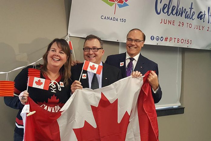 Peterborough Musicfest general manager Tracey Randall, Ptbo150 committee chair Mike Melnik, and Peterborough Mayor Daryl Bennett at the November 17th announcement that Kim Mitchell will be performing at Peterborough Musicfest on Canada's 150th birthday (photo: Jeannine Taylor / kawarthaNOW)