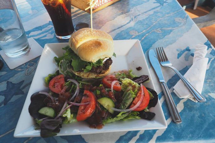 A delicious locally produced burger at Dougalls on the Bay in Brighton afer a long day of cycling on the trails; staff offered to lock up Miles' bike in their storage unit while he was enjoying his meal. (Photo: Miles Arbour)