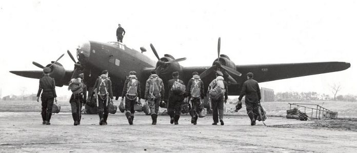 4th Line Theatre presents the world premiere of Bombers: Reaping the Whirlwind by David S. Craig in summer 2017. Around 50,000 Canadians served with the Royal Canadian Air Force (RCAF) and Royal Air Force (RAF) in Bomber Command operations over occupied Europe during World War II. Here an RCAF bomber crew walks to their Halifax bomber in October 1944. (Photo: Veteran Affairs Canada)