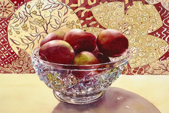 "Bowl of Apples". This lovely watercolour by Joan Zageris will be on display in the Christmas Group Show (photo courtesy of Christensen Fine Art)