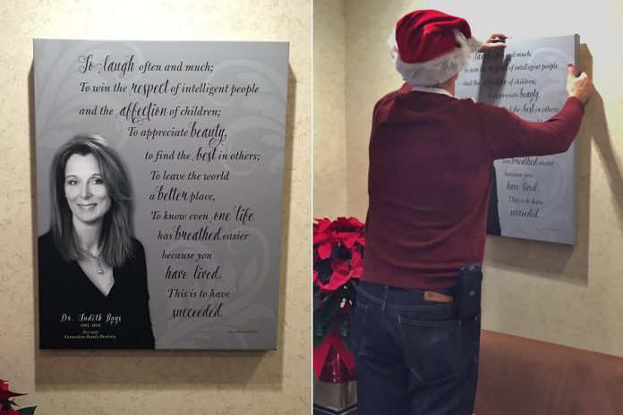The tribute to the late Dr. Buys in the reception room at Cornerstone Family Dentistry, which was hung by Dr. Buys' husband Dr. Jim McGorman (photos: Cornerstone Family Dentistry / Facebook)