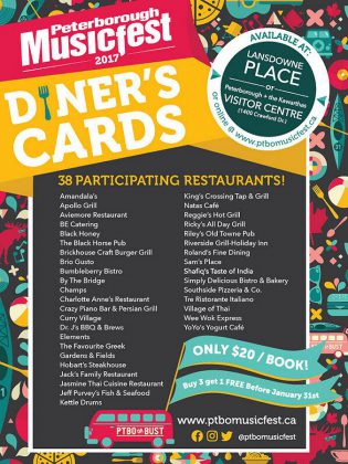 A list of the 38 local restaurants participating in the Peterborough Musicfest 2017 Diner's Cards (graphic: Peterborough Musicfest)