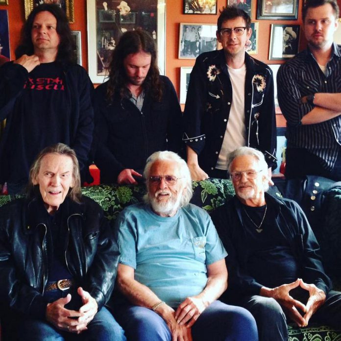 Musical generations gathered at Hawkstone Manor in Stoney Lake to record a new version of  "Me and Bobby McGee". From front to back: Gordon Lightfoot, Ronnie Hawkins, Kris Kristofferson, Robin Hawkins, Ryan Weber, James McKenty, and Sam Weber (photo: Leah Hawk / Facebook)