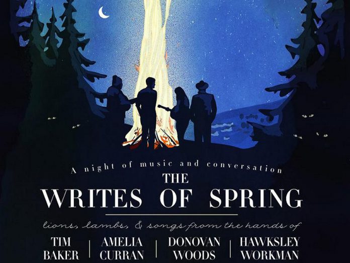 Tim Baker, Amelia Curran, Donovan Woods, and Hawksley Workman join forces for The Writes of Spring at the Market Hall on April 27 (publicity poster)
