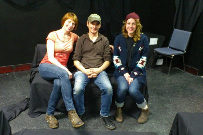 Kate Story and Ryan Kerr, along with actress Sarah McNeilly, on set at The Theatre on King  (photo: Sam Tweedle / kawarthaNOW)