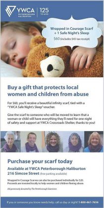 Buy a gift from YWCA Peterborough Haliburton and protect local women and children from abuse. For $60, you can buy a "Wrapped in Courage" scarf along with one safe night's sleep. (Graphic: YWCA Peterborough Haliburton)