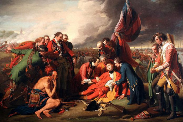 The death of General James Wolfe at The Battle of the Plains of Abraham on September 13, 1759, a pivotal moment in the Seven Years' War and in the history of Canada. Wolfe led an invasion force and defeated French troops under the Marquis de Montcalm, leading to the surrender of Québec to the British (both Wolfe and de Montcalm died in the battle).  At the end of the  Seven Years' War in 1763, France surrendered many of its colonial possessions (including those in Canada) to the British. (Painting by Benjamin West / public domain)