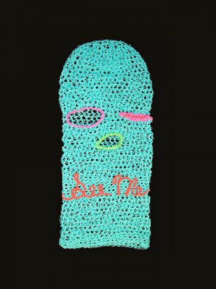  One of Badrin's crocheted masks that will be on display in his upcoming show at Artspace