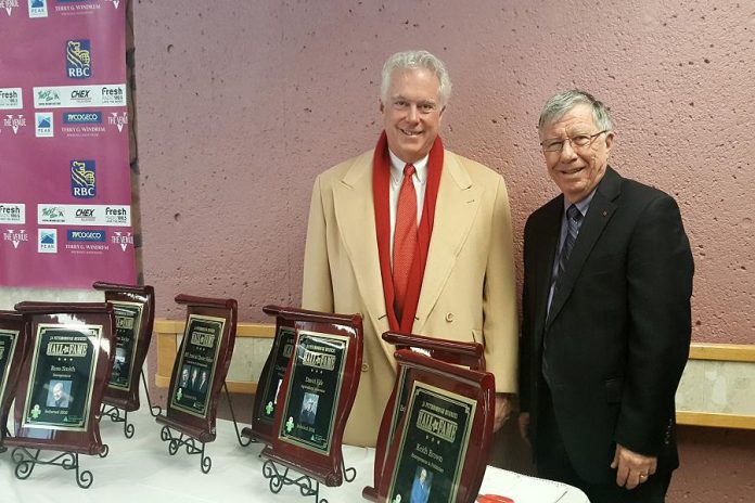 Junior Achievement board chair Paul Ayotte (right) with Peter Duffus, whose grandfather Joseph James Duffus is one of the eight inductees. Joseph James Duffus was a school trustee, alderman, mayor, MP, and senator as well as an automobile dealer and funeral home owner. (Photo: Jeannine Taylor / kawarthaNOW)