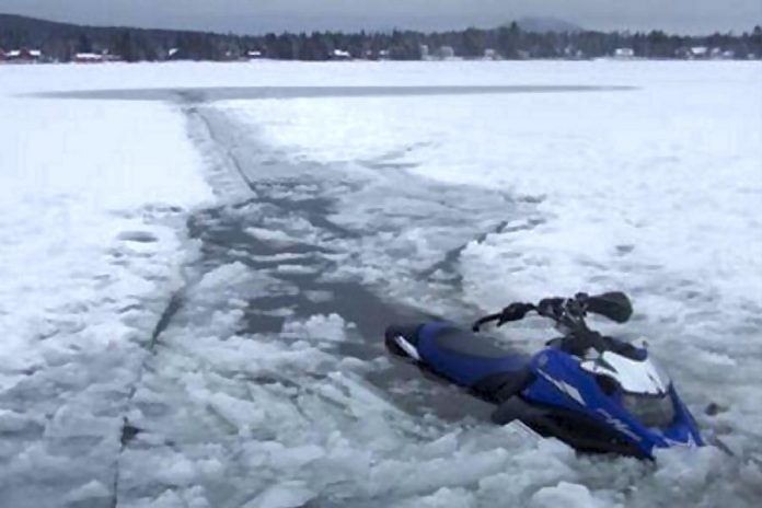 Three of seven fatalities so far this season were a result of snowmobiles falling through the ice on waterways (photo: Lifesaving Society of Ontario / Facebook)