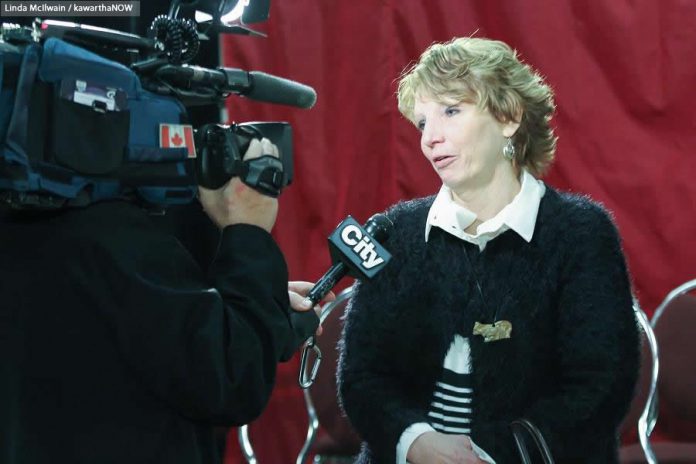 After her emotional plea to the Prime Minister, Kathy Katula found herself in demand for interviews with the media  (photo: Linda McIlwain / kawarthaNOW)