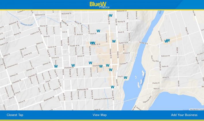 The interactive Google map at BlueWPtbo.ca showing the locations in downtown Peterborough where you can fill up your reusable water bottle for free. The ever-expanding map also shows locations in Lindsay, Cobourg, and more.