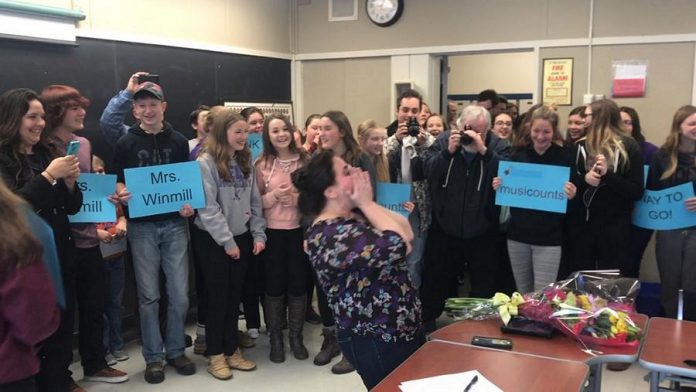 Music teacher Dianne Winmill gets surprised in her classroom at North Hastings High School on January 20 with the announcement she had won the 2017 MusiCounts Teacher of the Year Award (photo: North Hastings High School / Twitter)