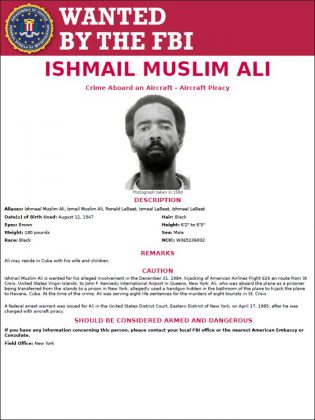 To this day, Ishmael Muslim Ali remains on the FBI's most-wanted list (poster: FBI website)