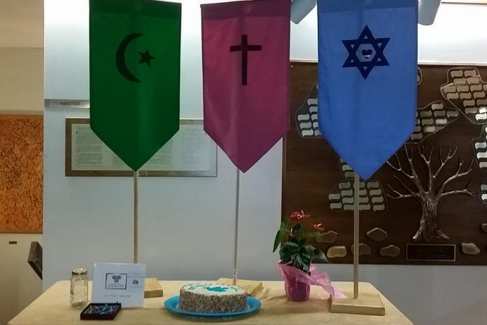 The Abraham Festival banners (representing Islam, Christianity, and Judaism) on display at the multi-faith service. The 14th annual Abraham Festival takes place on April 23, 2017 at The Mount Community Centre in Peterborough. (Photo: Shegufa Shetranjiwalla-Merchant)