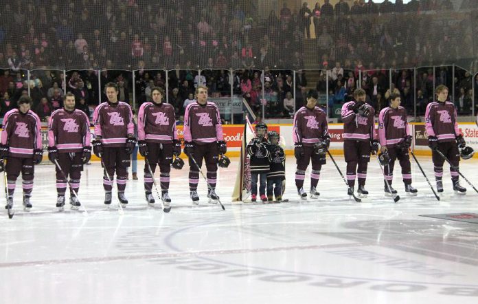 The Petes on the blue line wearing their Pink in the Rink fundraising sweaters  (photo credit: Kelsey Saunders / Peterborough Petes)