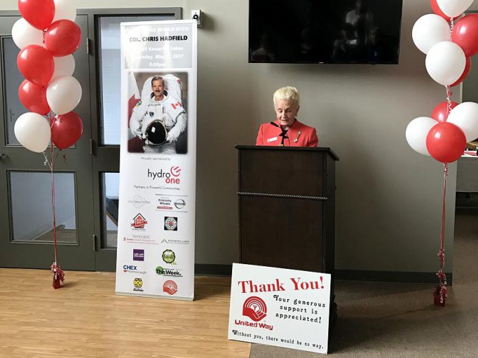 Barb Truax, one of the co-chairs of the Three Chairs Committee for the United Way for City of Kawartha Lakes 2016-2017 Fundraising Campaign, at the announcement of the fundraiser featuring Colonel Chris Hadfield (photo courtesy of United Way for CKL)