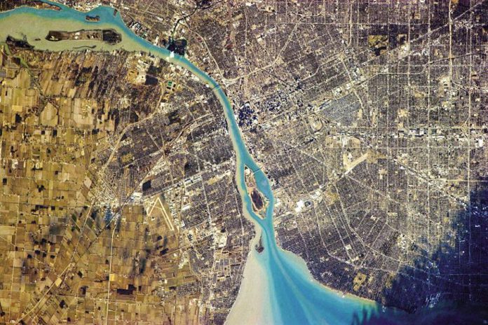 Chris Hadfield took 45,000 photos from space. Here's one showing Detroit, Michigan (right) and Windsor, Ontario separated by the St. Clair River (photo: Chris Hadfield / NASA)