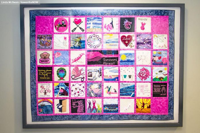 The Survivors Abreast quilt at the Breast Assessment Centre at Peterborough Regional Health Centre recognizes the almost $3 million raised since Peterborough's Dragon Boat Festival began in 2001 (photo: Linda McIlwain / kawarthaNOW)