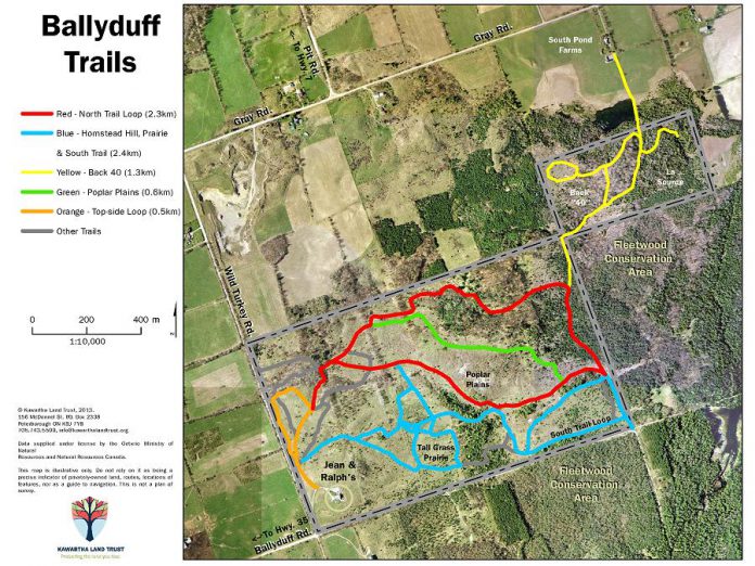 Most of the events will take place on Ballyduff Trails, on property owned by Ralph McKim and Jean Garsonnin and protected through a conservation agreement with Kawartha Land Trust (graphic: Kawartha Land Trust)