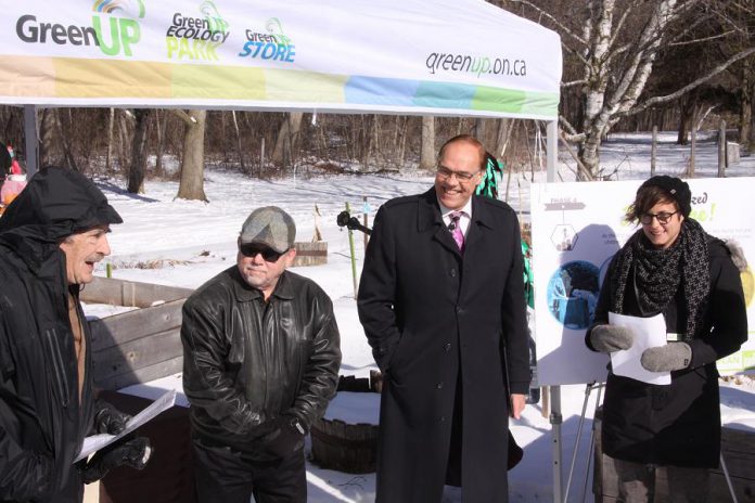 On March 16 at Ecology Park, GreenUP Board Chair Ivan Bateman introduces the environmental organization's fundraising plan for the park as Peterborough City Councillor Keith Riel, Peterborough Mayor Daryl Bennett, and GreenUP Executive Director Brianna Salmon look on.  (Photo: Jeannine Taylor / kawarthaNOW)