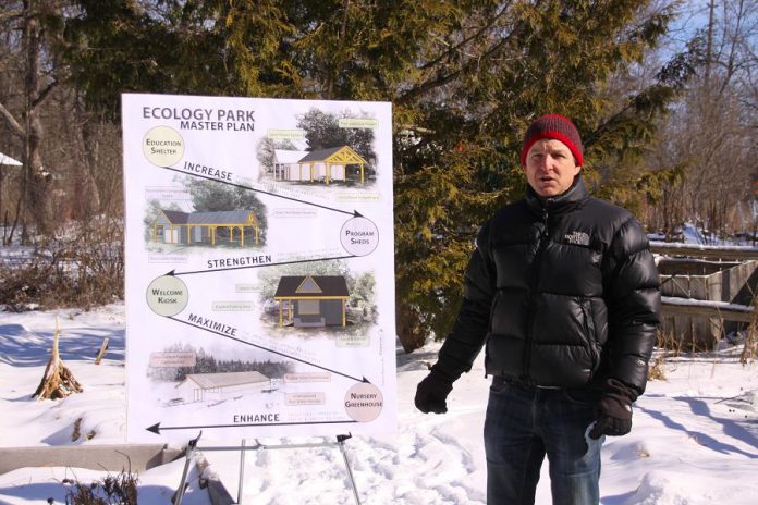 Executive director Chris Magwood of The Endeavour Centre talks about the future plans for Ecology Park. The Endeavour Centre, a leading designer and builder of green buildings, will be a key partner in the planned improvements to the community park. (Photo: Jeannine Taylor / kawarthaNOW)