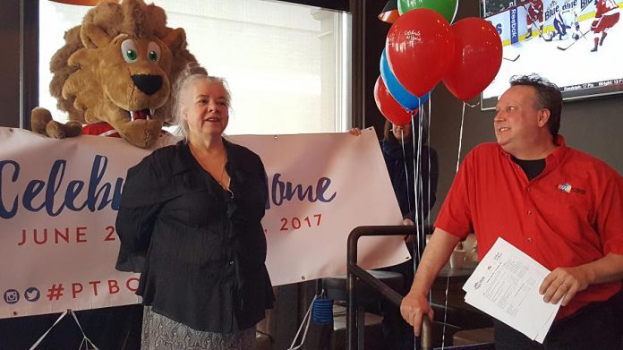 Su Ditta, Executive Director of Electric City Culture Council, announcing "New Visions, Old Land", a Canada 150th-themed media arts exhibition the council is presenting with Artspace on June 30th (photo: Jeannine Taylor / kawarthaNOW)