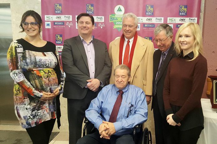 In January 2017, Junior Achievement announced eight new inductees into the Business Hall of Fame, including Mike Skinner (second from left) and JJ Duffus (represented by his grandson Peter Duffus, standing next to Skinner). Also pictured are Junior Achievement's Marina Wilke (left), president and CEO John MCNutt (seated), board chair Paul Ayotte, and MaryBeth Miller. Tickets are now available for the induction ceremony taking place on May 25 at The Venue in Peterborough. (Photo: Jeannine Taylor / kawarthaNOW)